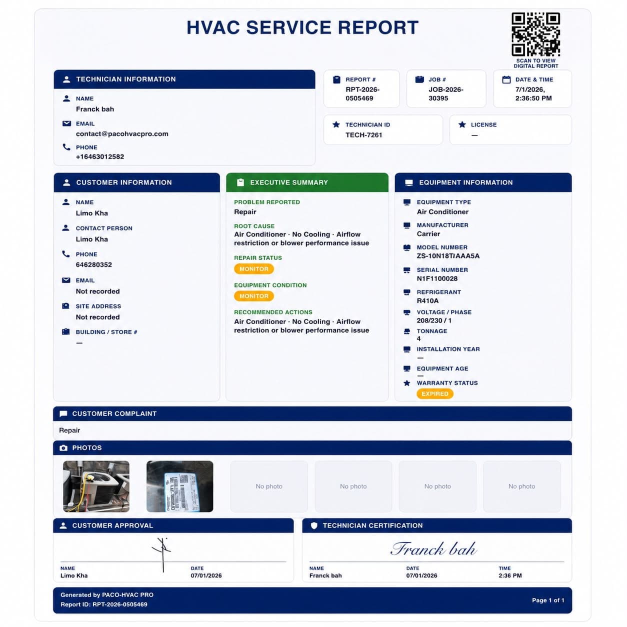 PACO HVAC PRO professional service report sample