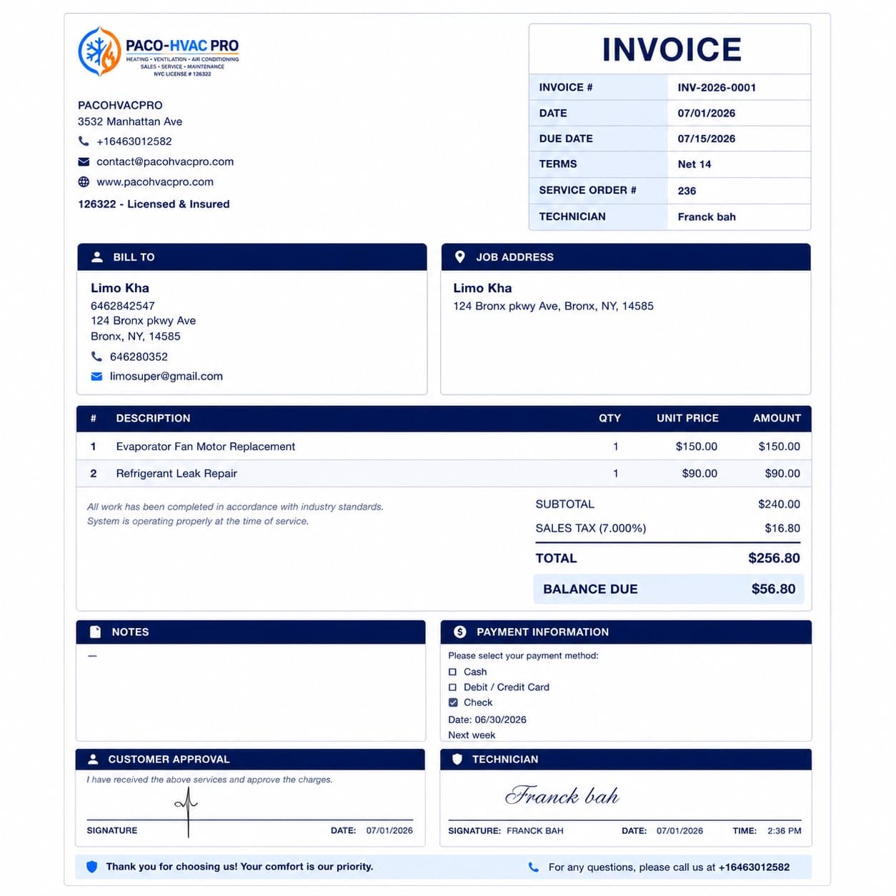 PACO HVAC PRO professional invoice sample
